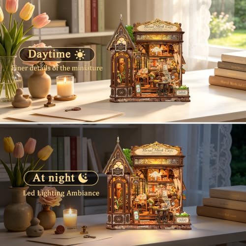 CRIOLPO Book Nook Kit for Adults Floral Coffee Shop House with LED Light - Image 3