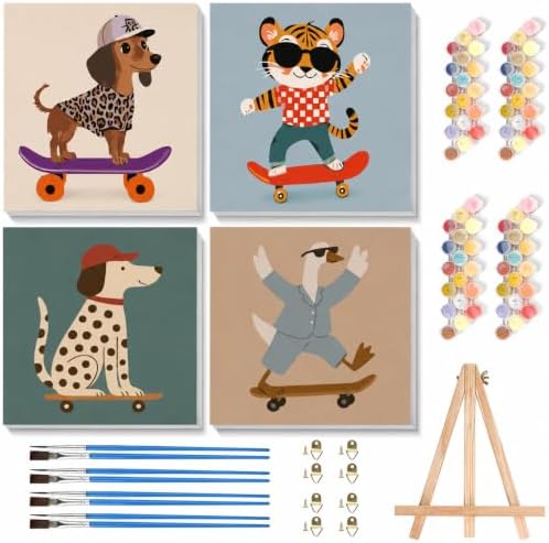 4 Packs Cute Animal Paint by Numbers Kit for Adults with Frame 8x8inch by Cupmod