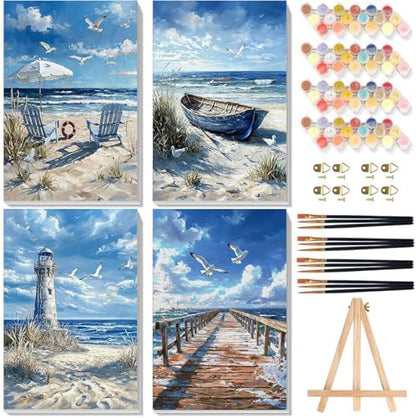 4 Pack Beach Paint by Numbers for Adults with Framed Canvas - Wooden Easel by xackcme