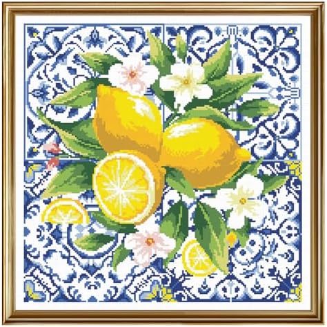 FREEBLOSS 11CT Lemon Stamped Cross Stitch Kits Embroidery Kits with Instruction Cross Stitch Wall Hanging Kit for Needlepoint Adults Wall Art Decoration 18x18in/45x45cm by FreeandCreativeCraftsArt