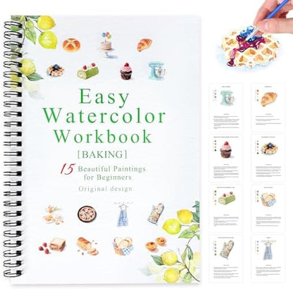 SLWBZ Watercolor Workbook Baking, 15 Different Patterns of Original DIY Designs, 16 Color Watercolor Paint Plates with Palette and Brush, Beginner-Friendly Watercolor Workbooks, Baking by Unknown