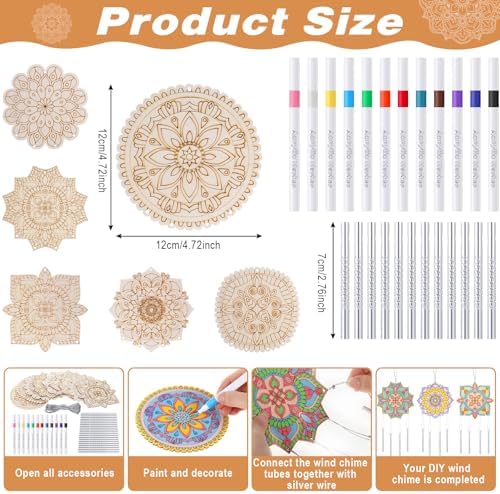 Potchen 18 Sets DIY Wind Chimes Craft Kit Unfinished Wood Art, Mandala - Image 2
