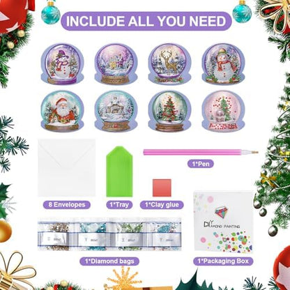 MUNORIAY 8 Pack Christmas Diamond Painting Greeting Card Kits DIY Diamond Art Christmas Cards with Envelopes Xmas 5D Rhinestones Painting Folding Card for Adults DIY Craft Family Friend Xmas Gifts - Image 6