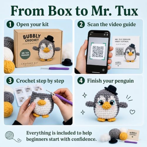 Bubbly Crochet Mr. Tux the Penguin Crochet Kit for Beginners – DIY Penguin Plush with Customizable Eyes & Hat, Step-by-Step Video Tutorials & All-in-One Tools – Amigurumi Craft Kit and Easy Arts - Image 5
