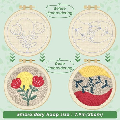 ERKOON Punch Needle Kit Adults Beginners, 2 Pcs DIY Easy Floral Embroidery Set for Starter Art Craft, Needling Punching Project with Patterns, Tools, Yarns, Hoop, Instruction (Rose) - Image 3