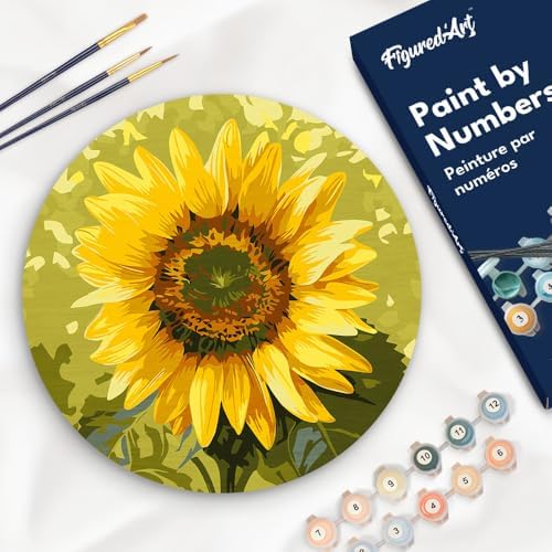 Figured'Art Paint by Numbers Kit for Adults on Wood Slice, 11.8in Diameter - Sunflower - Craft Art Painting DIY Canvas by FiguredArt
