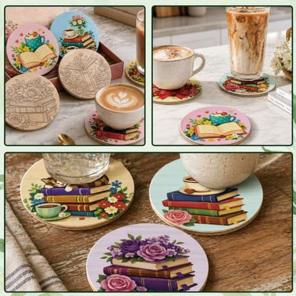26PCS Wood Coasters Craft Kit 10 Paint You Own Coaster with 16 Pens Wooden Coaster Painting Set Coasters for Drinks Book and Flower Painting Crafts Art Supplies (Book and Flower) - Image 7