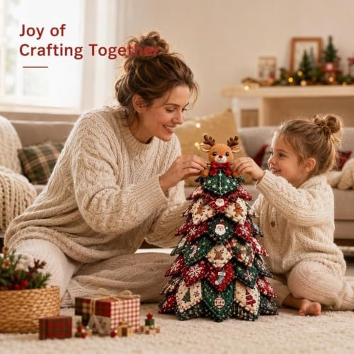 Quilted Christmas Tree Kit – Pre-Cut Fabric & Foam Cone DIY Tabletop Decoration with Tree Topper, No-Sew Holiday Craft Kit for Adults & Kids, Christmas Tree Decorations for Home, Party & Gifts (set6) - Image 7