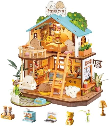 ROBOTIME DIY Miniature House Kit, Mini Wooden Dollhouse Diorama Model, Tiny House Building Kits,Birthday Christmas Craft Hobbies Gift for Teens Kids and Friends（Puppy's Cozy Villa） by ROBOTIMEBuildingThingstoLife