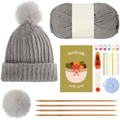 GliCraft Hat Knitting Kit for Beginners with Yarn Needles Pom,Warm Grey by GliCraft