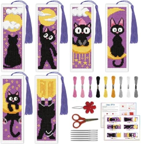ACRNIGHEET 6PCS Cross Stitch Bookmark Kit for Beginner Stamped Cross Stitch Kits for Adults Cute Cat & Moon DIY Tassel Embroidery Bookmark Kits Needlepoint Kit with Instructions Gift 8.5''x3'' 11CT by ACRNIGHEET