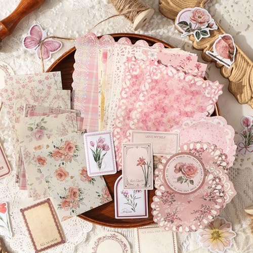 Scrapbook Supplies Kit – 100Pcs Vintage Floral Scrapbook Paper & Junk Journal Stickers, Journaling Supplies for Bullet Journaling, Retro Crafts, Mixed Media, Planner, Collage Card Album (Pink) - Image 6