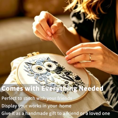 FONNUY Floral Owl Embroidery Kit for Beginners, DIY Handmade Flower Animal Embroidery Set with Hoop, Stamped Cross Stitch Kit for Adults, Unique Home Wall Art Decor & Craft Gift (Black) - Image 3