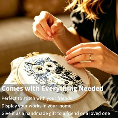 FONNUY Floral Owl Embroidery Kit for Beginners, DIY Handmade Flower Animal Embroidery Set with Hoop, Stamped Cross Stitch Kit for Adults, Unique Home Wall Art Decor & Craft Gift (Black) - Image 3