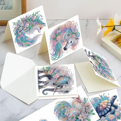 AiYuanzsh Set of 6 Animal Diamond Painting Greeting Cards - Rooster, Turtle, Elephant, Horse, and Fox Designs 5D DIY Craft Kits with Colorful Rhinestones Diamond, Perfect for Birthday and Anniversary - Image 5