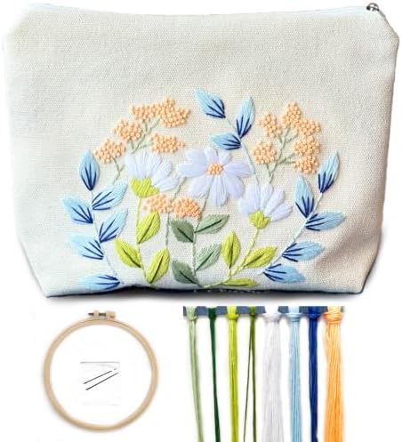 FONNUY Embroidery Kit Makeup Bag for Beginners, Flowers Pre-Stamped Pattern Handbag Coin Purses Making Kits for Adults with Hoop, Easy to Follow Color Thread Needlework (Daisy) by FONNUY