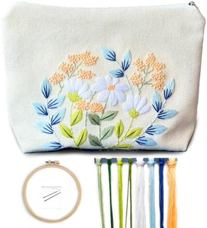 FONNUY Embroidery Kit Makeup Bag for Beginners, Flowers Pre-Stamped Pattern Handbag Coin Purses Making Kits for Adults with Hoop, Easy to Follow Color Thread Needlework (Daisy) by FONNUY