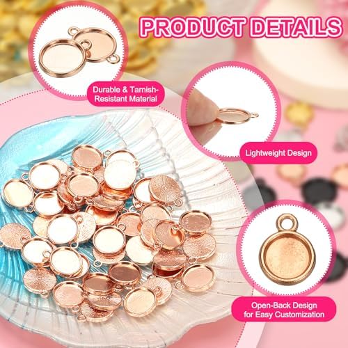 uxcell 50Pcs Round Blank Pendant Trays with Loop 8mm Rose Gold - Image 3