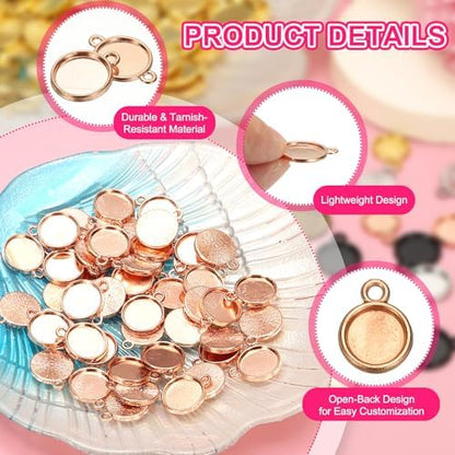 uxcell 50Pcs Round Blank Pendant Trays with Loop 8mm Rose Gold - Image 3