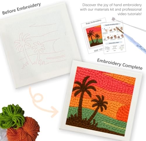 SDOYUNO Punch Needle Kit with Frame for Adults Beginners Kits 9.84 x 9.84 Inch Embroidery Starter Kits Punch Needle Kit with Sunset Beach Pattern, Threader, Yarns, Rug Punch, DIY Craft Kits (Green) - Image 3