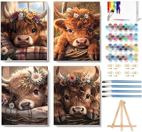 LWZAYS 4 Pack Framed Paint by Numbers Kit for Adults with Wooden Easel - Cow Easy Paint by Numbers with Frame for Beginners, Adult Paint by Number Kits Framed Canvas for Home Decor Gift 8x12 Inch by LWZAYS