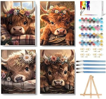 LWZAYS 4 Pack Framed Paint by Numbers Kit for Adults with Wooden Easel - Cow Easy Paint by Numbers with Frame for Beginners, Adult Paint by Number Kits Framed Canvas for Home Decor Gift 8x12 Inch by LWZAYS