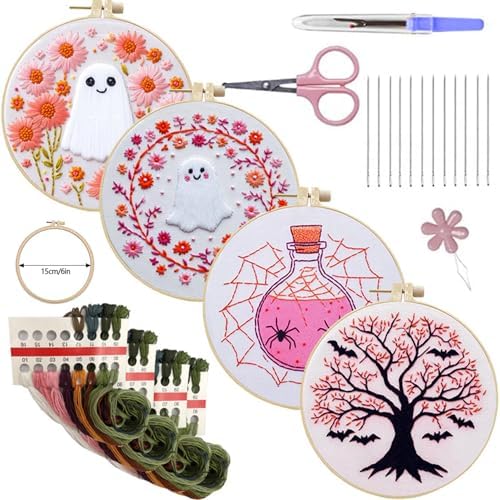 SCECALA 4 Pack Pink Halloween Embroidery Kit for Beginners by SCECALA