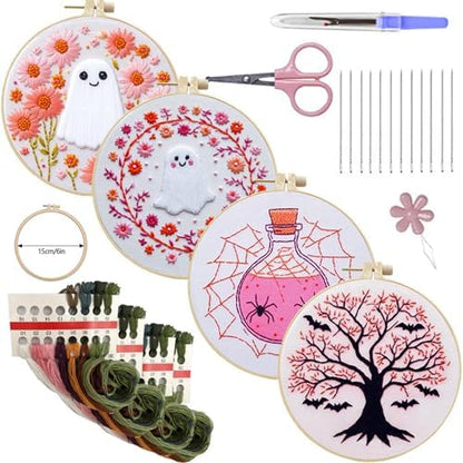 SCECALA 4 Pack Pink Halloween Embroidery Kit for Beginners by SCECALA