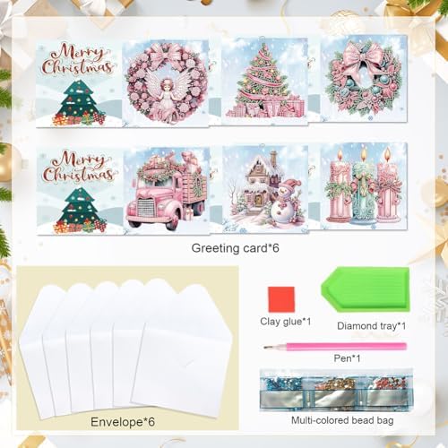 jinglinhh 6pcs Christmas Angel Wreath Truck Snowman Candles Diamond Art Painting Greeting Cards with Envelopes, DIY Card Making Kits for Adults, Diamond Art Postcards Holiday Cards Craft Gifts - Image 2