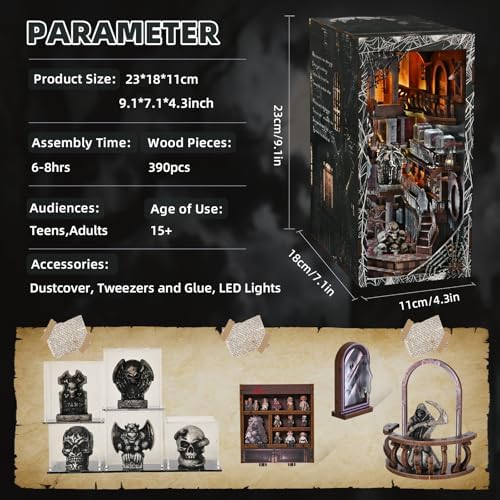 MiniCity Haunting Relics Book Nook Kit, 3D Wooden Bookshelf Puzzle with LED - Image 2