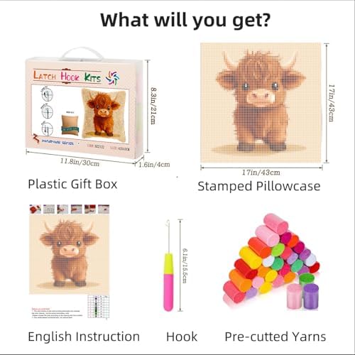 Latch Hook Pillow Kits for Adults Cute Baby Highland Cow DIY Pillow Cover Printed Pillowcase Crochet Hooking Yarns Handmade Cushion for Home Sofa Decoration 17x17inch(8) - Image 2