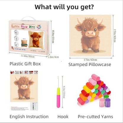 Latch Hook Pillow Kits for Adults Cute Baby Highland Cow DIY Pillow Cover Printed Pillowcase Crochet Hooking Yarns Handmade Cushion for Home Sofa Decoration 17x17inch(8) - Image 2