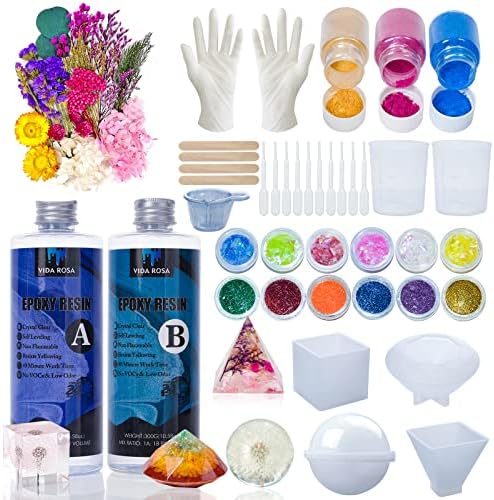 VidaRosa Epoxy Resin Kits for Beginners with molds,Dried Flower，600ml/ 21.16oz Crystal Coating for Art, Craft, Jewelry Making, River Tables,2 Gloves, 2 Measuring Cup and 2 Wooden Sticks by VidaRosa