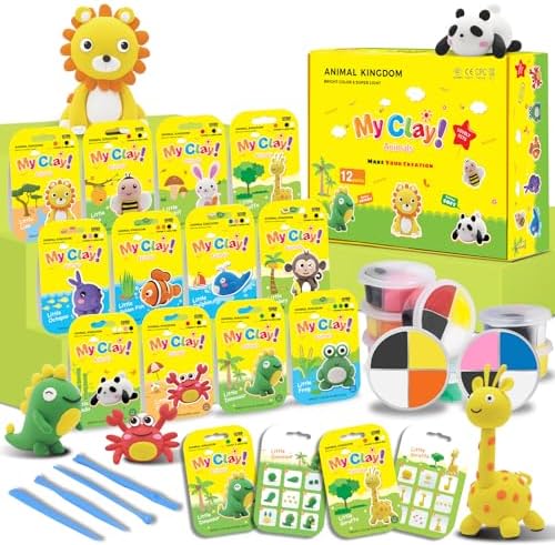 Air Dry Clay for Kids Air Clay Art Kits 12 Box Animals Theme Air Dry Modeling Clay Kit w/Sculpting Tools& Step-by-Step Tutorials,Ultra Soft Non-Sticky,Craft Party Favors Clay Toy Gift for Boys Girls by HTPREC