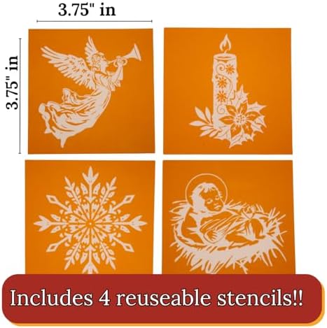 Torch Paste Vintage Christmas Ornament/Coaster Kit the Original Wood Burning Paste | 4 Reusable Stencils | Candle, Manger, Snowflake, Angel | 2 Squeegees | 4 Wood Rounds - Image 3