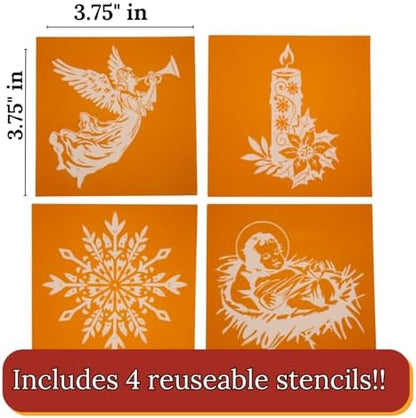 Torch Paste Vintage Christmas Ornament/Coaster Kit the Original Wood Burning Paste | 4 Reusable Stencils | Candle, Manger, Snowflake, Angel | 2 Squeegees | 4 Wood Rounds - Image 3