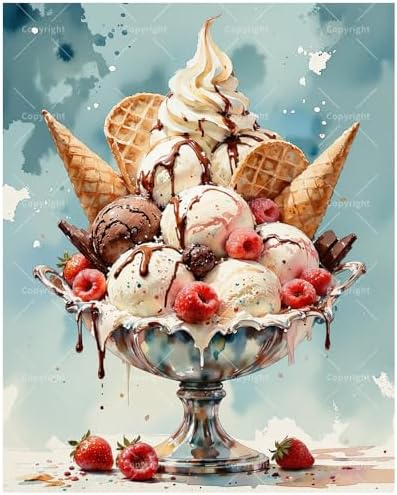 Dessert Art Paint by Numbers Kit for Adults - DIY Ice Cream Sundae with Berries and Waffles Painting on Canvas 16x20In, Framed Acrylic Paint Set for Beginners, Art for Home Decoration or Gifts by Unknown