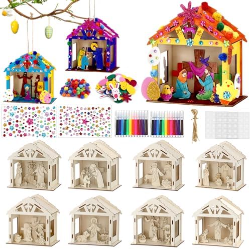8Pcs Christian Easter Crafts Wooden House for Boy Girl & Adult, Religious Easter Activities DIY Kit with Jesus He Is Risen Egg Bunny, Spring Bible Art Gift for Basket Stuffers Party Favors Decor Bulk by Unknown