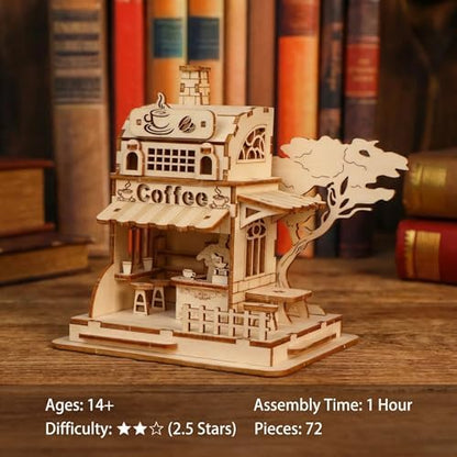 3D Wooden Puzzle Coffee Shop Model Kit - DIY Miniature House Building Set for Adults & Teens, Laser Cut Wood Craft Kit, Educational Hobby Gift for Coffee Lovers, Home Desk Decor - Image 5