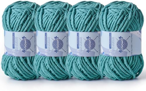 4 Pack Chunky Chenille Yarn for Crocheting, Baby Yarn for Crocheting Soft Blankets, Bulky Yarns for Crochet Amigurumi, 400g (297yds) Fluffy Velvet Yarns for Hand Knitting (4 Deep Cyan) by OMoiut