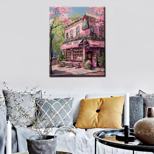 Pink Book Cafe Paint by Numbers Kits for Adult Paint by Numbers Paint by Numbers Watercolor Book Flowers Painting Kits on Colored Canvas Art Set Gift for Home Decor Without Framed 16''W x 20''H - Image 4