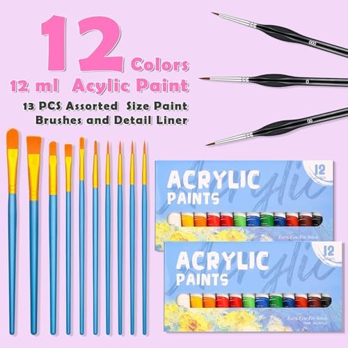 Date Night Painting Kit, 62 Pcs Detail Paint Brushes Canvas Panels with Wood Easel 12 Colors Acrylic Paint, Circular Canvas Art Aprons Sip and Paint Supplies for Adults and Beginner - Image 4