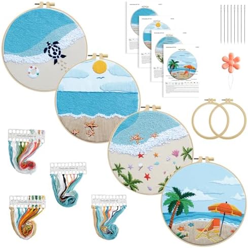 4 Set Ocean Embroidery Kit for Beginners Adults Embroidery Starter Kit Ocean Beach Pattern Spring Summer Hand Crewel Embroidery Kit Cross Stitch Kit Include Instruction 2 Hoops Color Threads Needles by Elasign