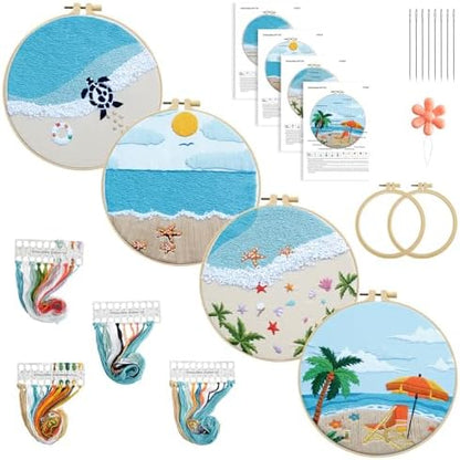 4 Set Ocean Embroidery Kit for Beginners Adults Embroidery Starter Kit Ocean Beach Pattern Spring Summer Hand Crewel Embroidery Kit Cross Stitch Kit Include Instruction 2 Hoops Color Threads Needles by Elasign