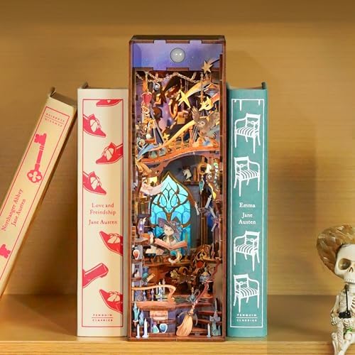 Tonecheer DIY Book Nook Kit for Adults,3D Wooden Puzzle Bookend Bookshelf Insert Library Decor, Booknook Miniature House Kit with Body Motion Sensor LED Light (Magic Stars Room) - Image 5