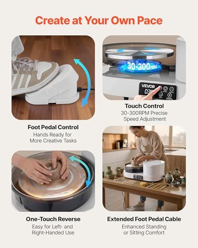 VEVOR Pottery Wheel for Adults, 11" Aluminum Turntable, 450W Electric Table Top Pottery Wheel with Foot Pedal, 30-300 RPM Adjustable Speed, Aluminum Body, for Beginners, DIY Clay Art Craft, White - Image 5