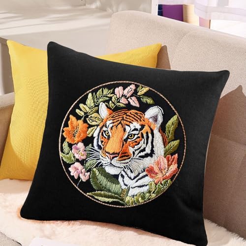FONNUY Tiger Floral Embroidery Kit, Cross Stitch Kits for Beginners, Handmade Crafts with Printed Patterns for Beginner Adults, Easy to Follow Color Thread Needlework, 8'' Hoop - Image 3