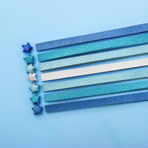 Origami Stars, Sparkling Origami, Star Colored Origami Strips, DIY Handmade Craft Paper (520 sheets of blue gradient glitter) - Image 3