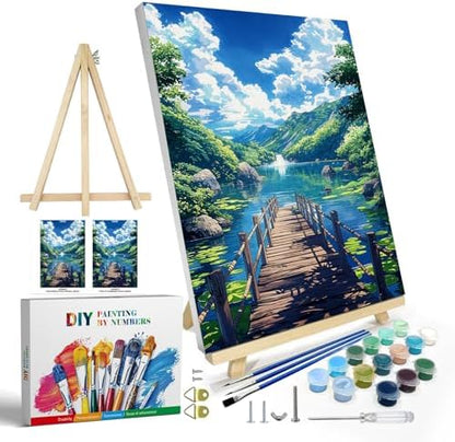 JOOZ Paint by Numbers Kit for Adults with Frame, Landscape Paint by Numbers with Easel, Lake Mountain Paint by Number with Frame, DIY Easy Paint by Numbers Kit for Adults Home Wall Decor 8 x 12 Inch by Jooz