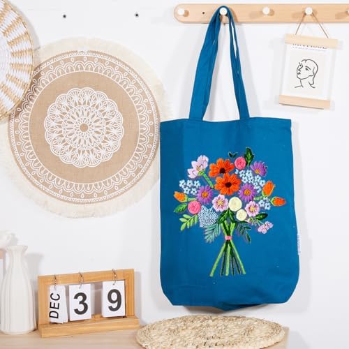 CREAWONDER Canvas Tote Bag Embroidery Kit with Pattern for Beginners, Arts and DIY Embroidery Crafts Kits for Adults, Include Instructions, Thimble, Embroidery Hoops, Color Threads and Tool - Image 7